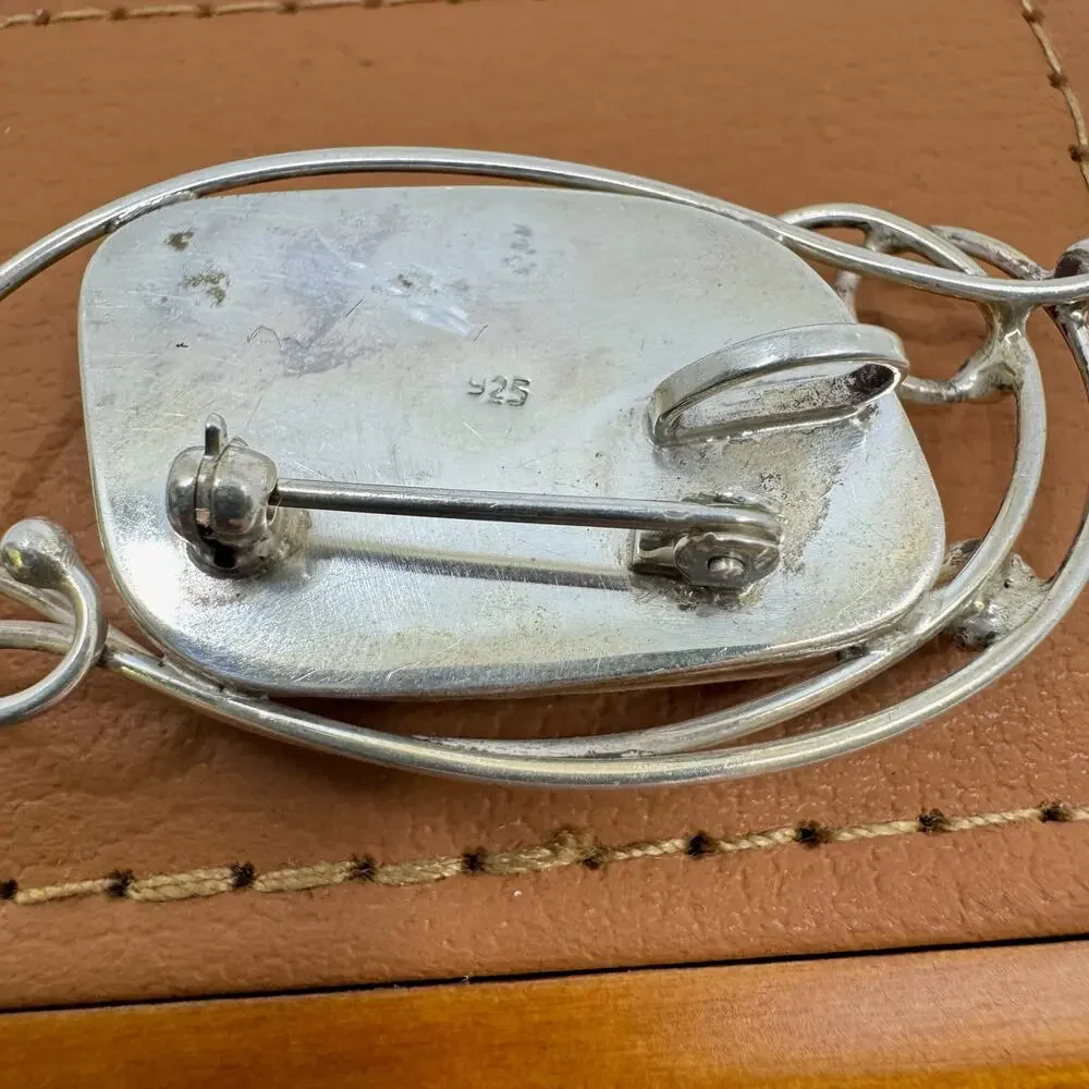 Vintage 925 Sterling Silver Winding Hand-wrought Boulder Opal Brooch Pin